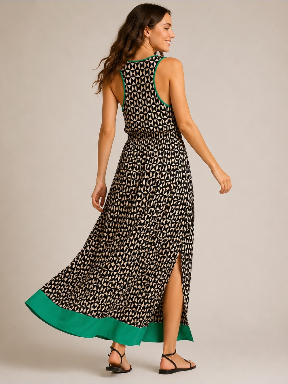THML Black White Geometric Rayon Maxi Dress Green Contrast Boho Large